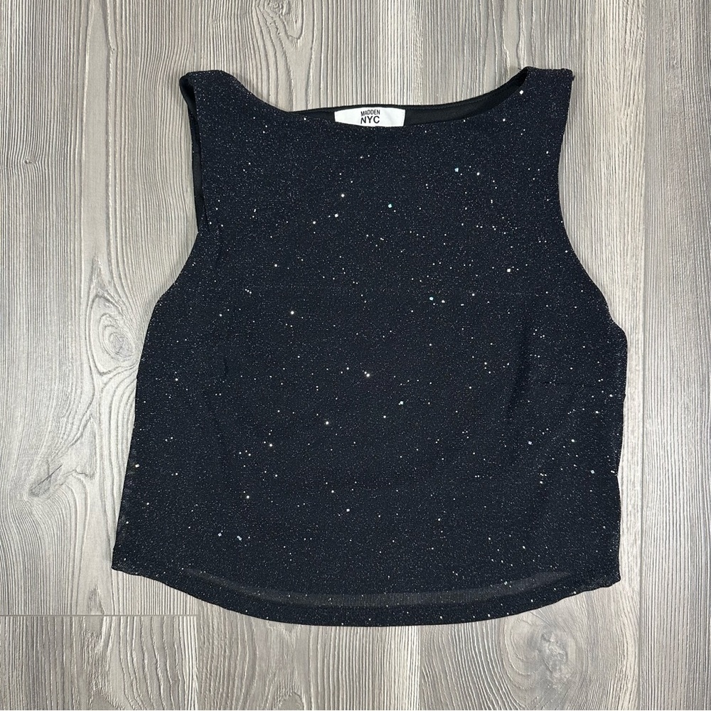 Madden‎ NYC Black Mesh Glitter Overlay Crop Top Size L Y2K Party Festival Club